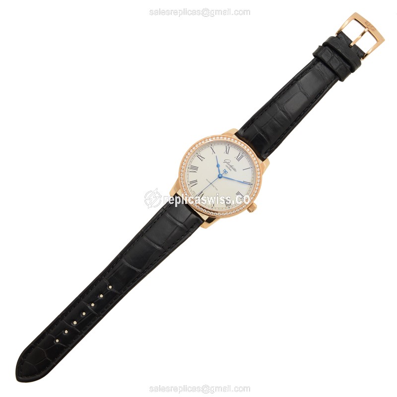Glashutte Senator Manual Winding Skeletonized - Automatic - 18kt Rose Gold & Diamonds - White Dial - Black Alligator Strap - View 2