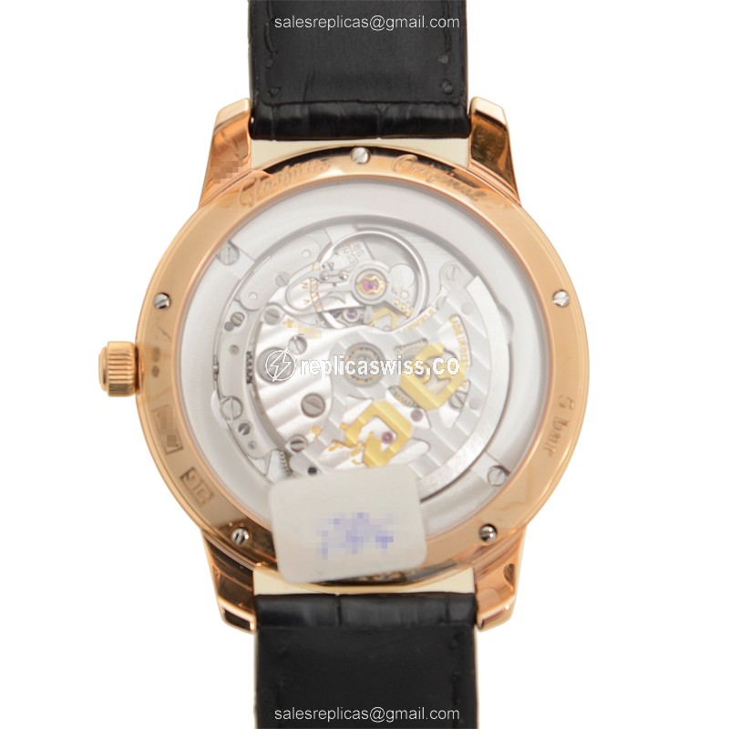 Glashutte Senator Manual Winding Skeletonized - Automatic - 18kt Rose Gold & Diamonds - White Dial - Black Alligator Strap - View 3