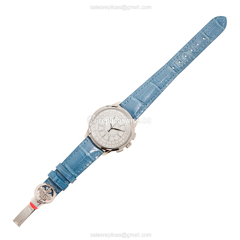 Patek Philippe 4675G-001 Replica - Automatic - 18kt White Gold - Silver Dial - Blue Alligator Strap - View 2