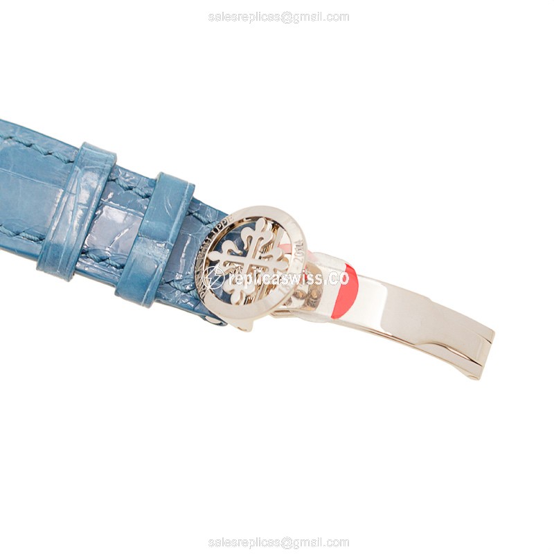 Patek Philippe 4675G-001 Replica - Automatic - 18kt White Gold - Silver Dial - Blue Alligator Strap - View 4
