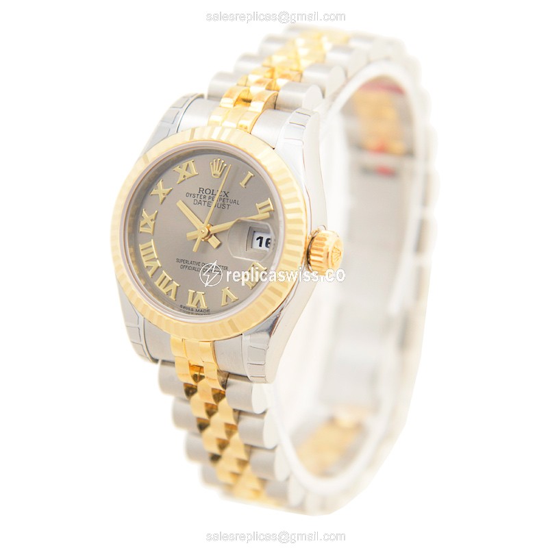 Rolex Datejust Lady Replica - Automatic - 18kt Gold & Steel - Gray Dial - Silver Strap - View 3