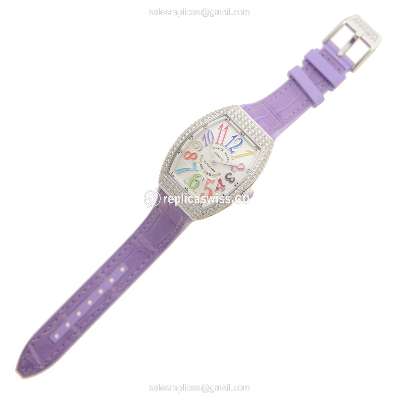 Franck Muller V 32 QZ D COL DRM AC.VL Replica - Quartz - Diamonds - Silver Dial, Buckle Clasp - View 2