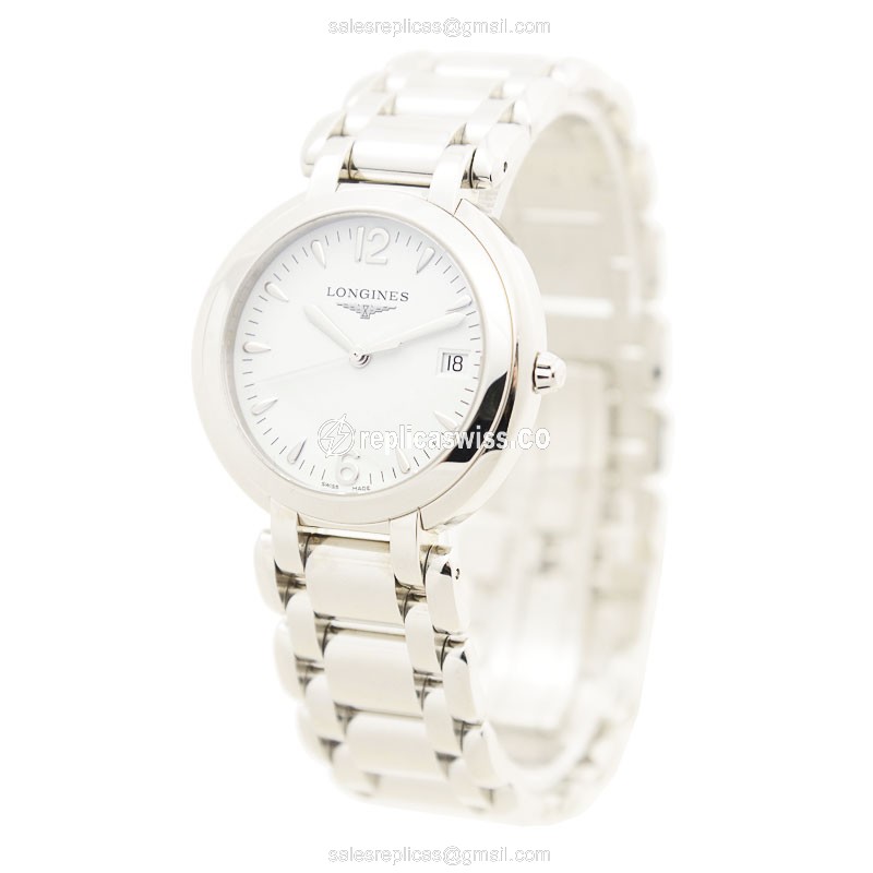 Longines PRIMA LUNA Replica - Quartz - Steel Case, White Dial - Silver Steel Strap - View 3