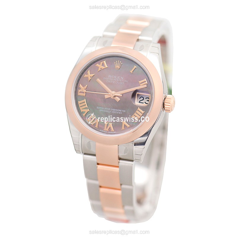 Rolex Lady Datejust Replica - Automatic - 18kt Rose Gold Case - Brown Dial on Silver Strap - View 3