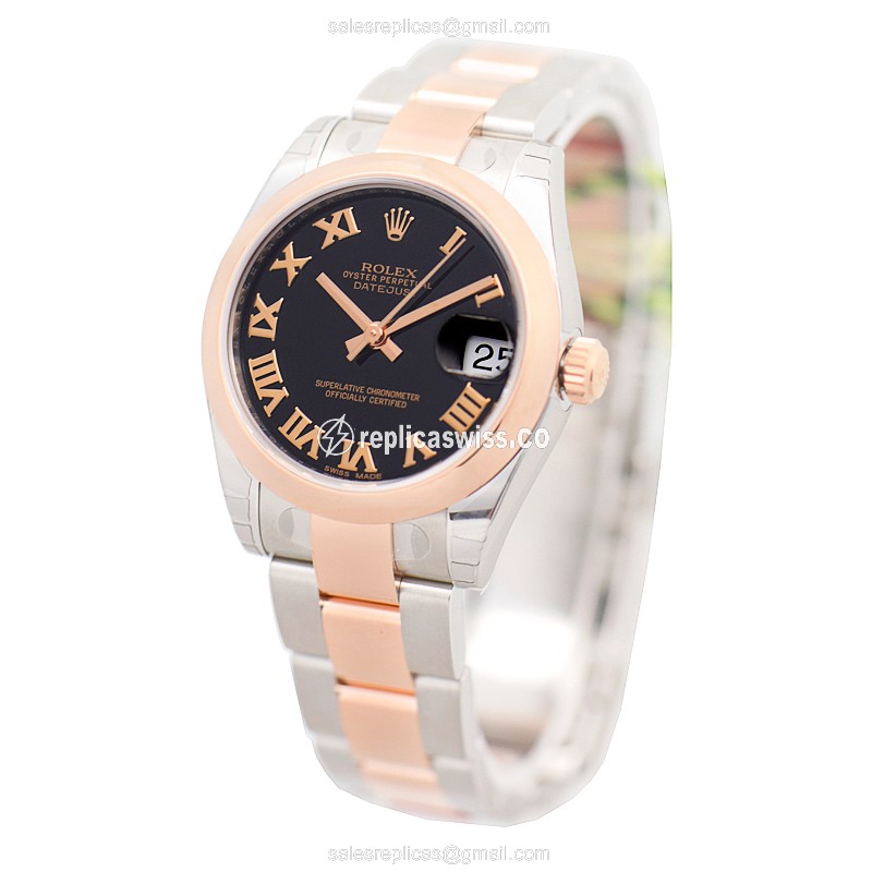 Rolex Lady Datejust Replica - Automatic, 18kt Rose Gold Case, Black Dial, Silver Clasp & Strap - View 3