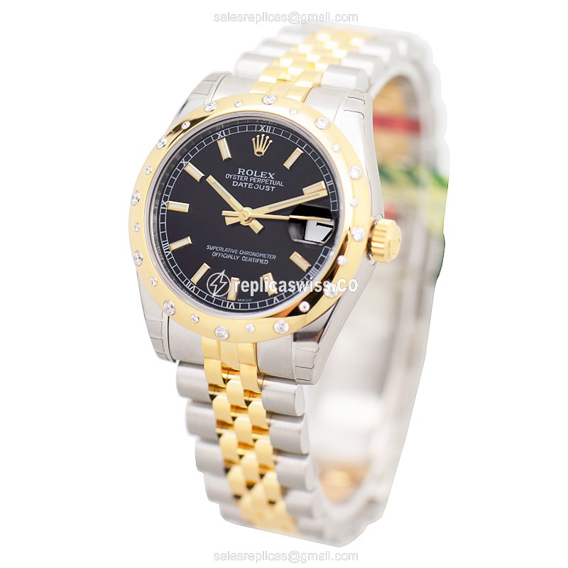 Rolex Datejust Replica - Automatic - 18kt Gold - Black Dial on Silver Strap - View 3