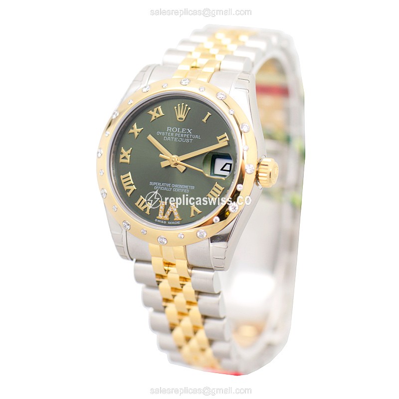 Rolex Datejust Lady Replica - Automatic - 18kt Gold/Steel - Green Dial, Silver Clasp - View 3
