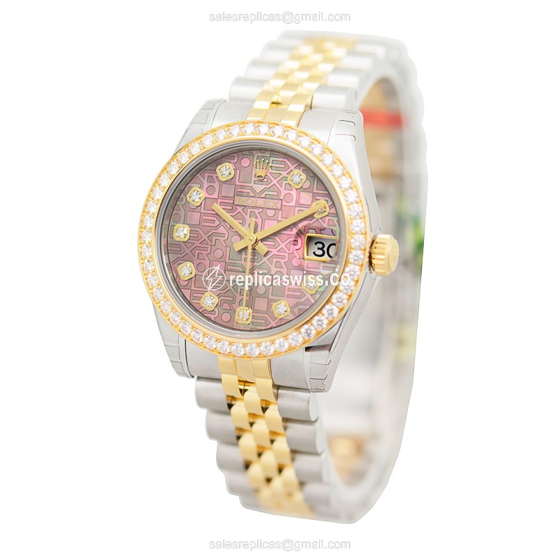 Rolex Datejust Replica - Automatic - 18kt Gold - Pink Dial on Steel Strap - View 3
