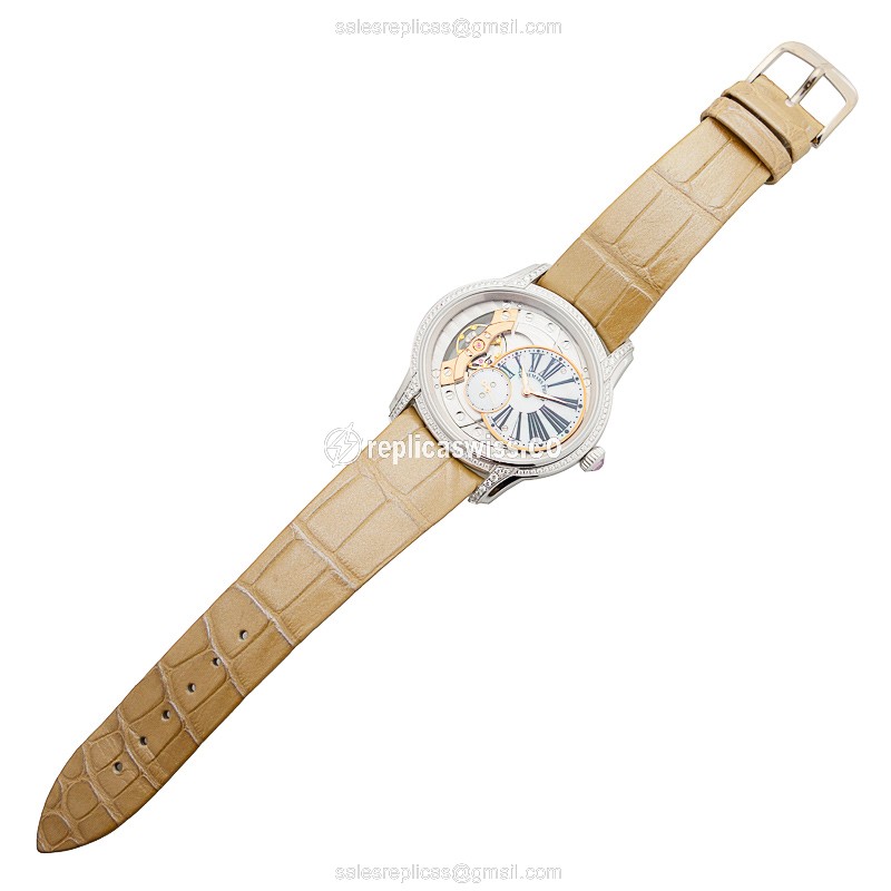 Audemars Piguet Millenary Replica - Manual Wind - 18kt White Gold - Diamond Silver Dial - Beige Alligator Buckle - View 2