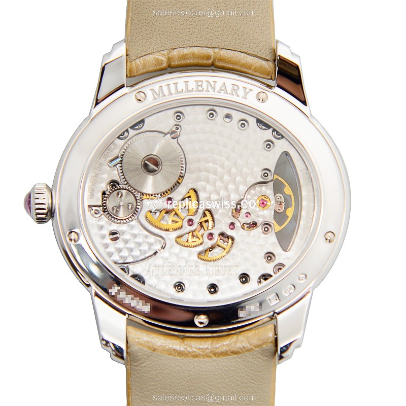 Audemars Piguet Millenary Replica - Manual Wind - 18kt White Gold - Diamond Silver Dial - Beige Alligator Buckle - View 3
