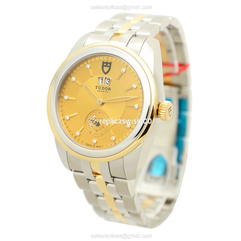 Tudor Glamour Date Automatic - Gold Case & Steel - Gold Dial - Clasp - Gold & Steel Strap - View 3