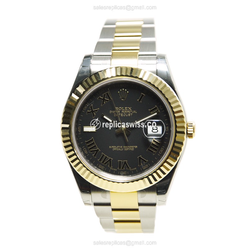 Rolex DATEJUST Replica - Automatic - 18kt Gold & Steel - Black Dial - Silver Strap - View 2