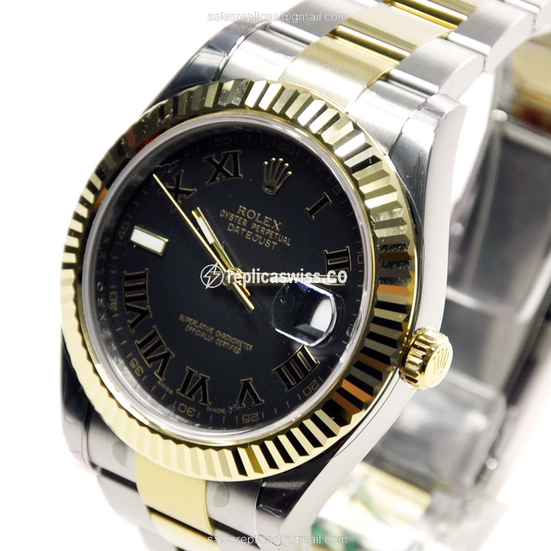 Rolex DATEJUST Replica - Automatic - 18kt Gold & Steel - Black Dial - Silver Strap - View 3