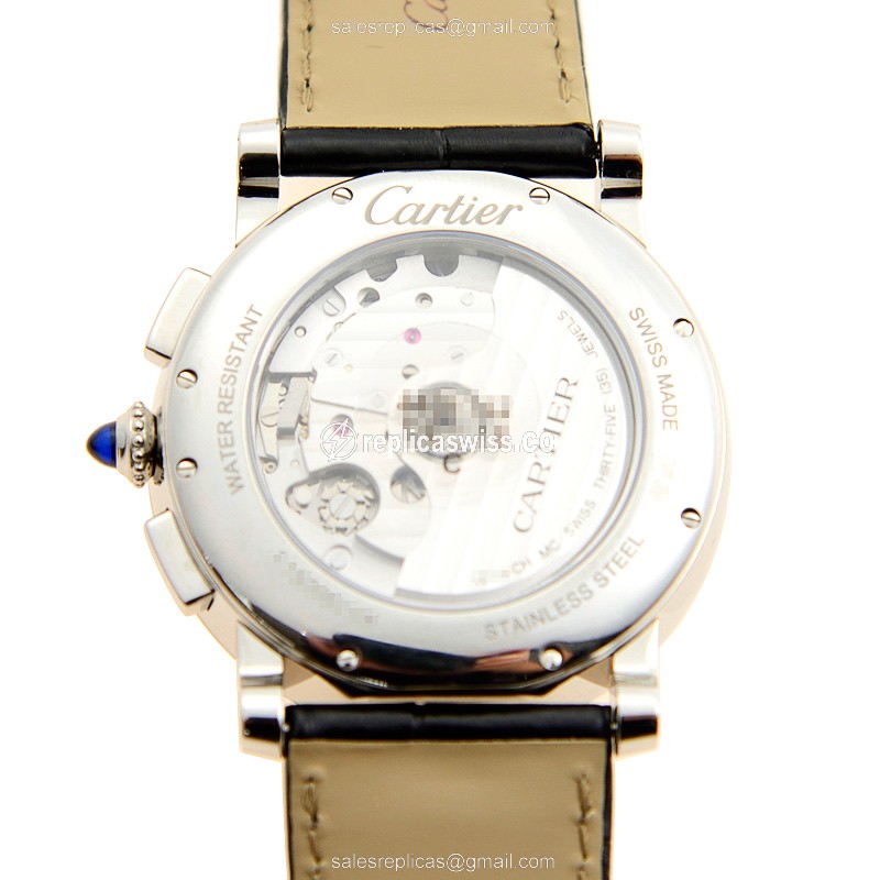 Cartier Rotonde Replica - Automatic - White Dial - Steel - Black Alligator - View 3