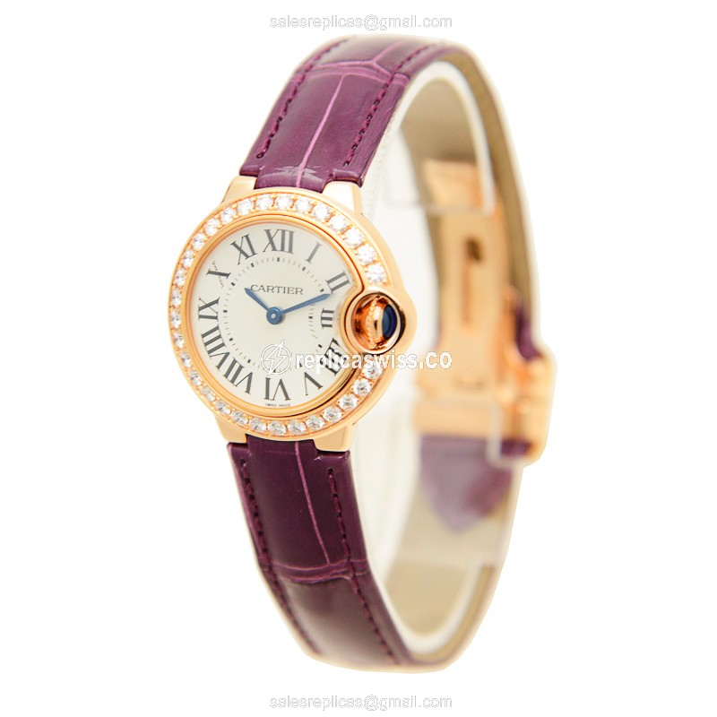Cartier Ballon Bleu Quartz 18kt Rose Gold - Diamond Dial - Silver - Alligator Purple Strap - View 3