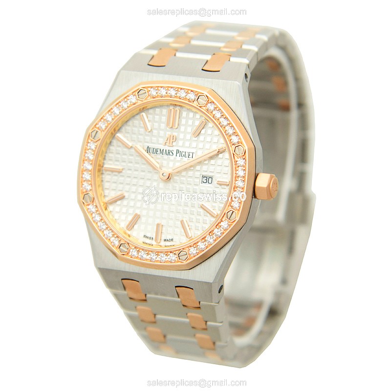 Audemars Piguet Royal Oak Offshore Quartz 18kt Rose Magic Diamond - White Dial Gold Clasp Steel Strap - View 3