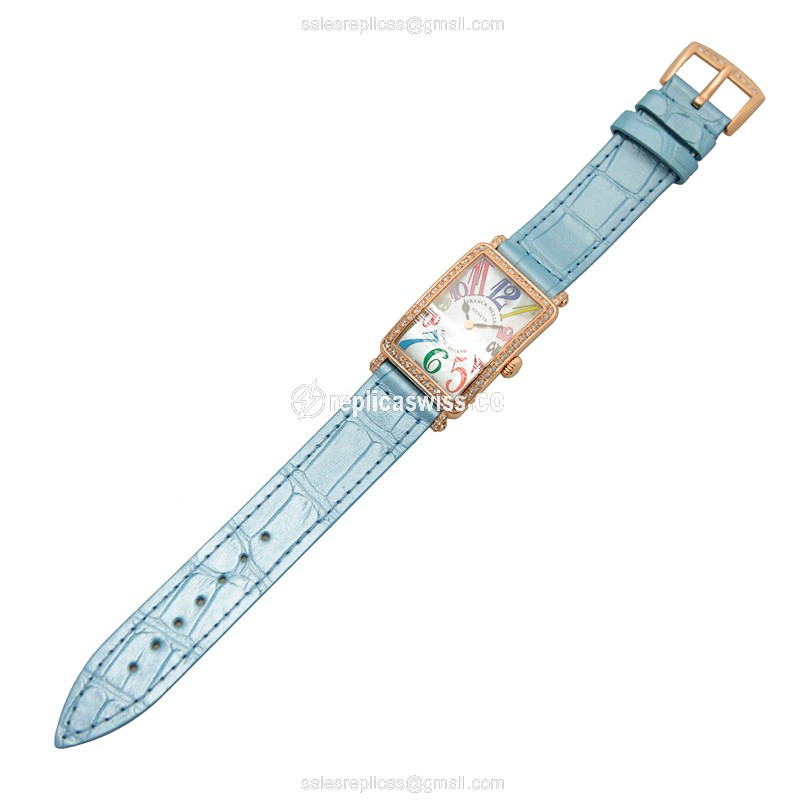 Franck Muller 902 QZ COL DRM MOP D 1R 5N Replica - Quartz - Rose Gold - Diamond Case - White Dial on Blue Alligator Strap - View 2