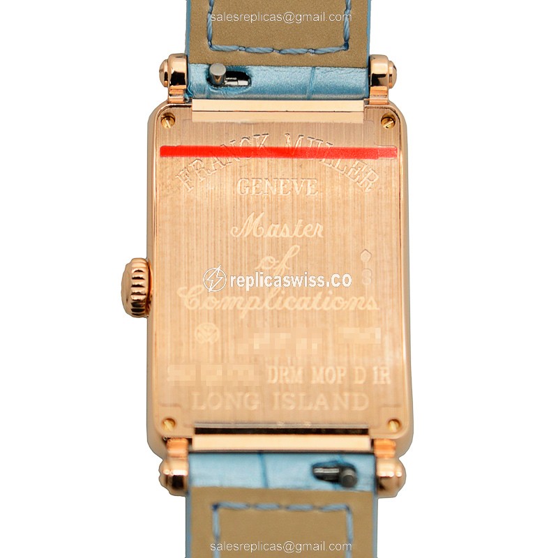 Franck Muller 902 QZ COL DRM MOP D 1R 5N Replica - Quartz - Rose Gold - Diamond Case - White Dial on Blue Alligator Strap - View 3