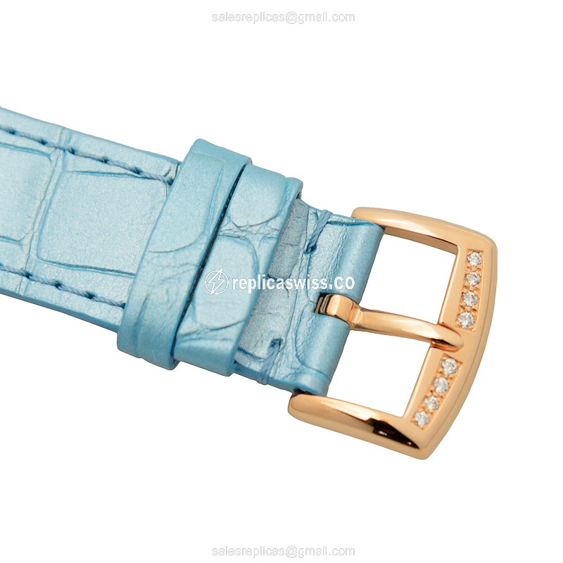 Franck Muller 902 QZ COL DRM MOP D 1R 5N Replica - Quartz - Rose Gold - Diamond Case - White Dial on Blue Alligator Strap - View 4