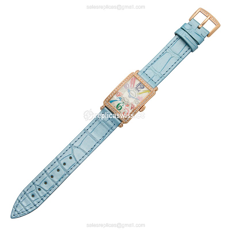 Franck Muller LONG ISLAND Replica - Quartz - 18kt Rose Gold - Diamond Case - Silver Dial - Blue Alligator Strap - View 2