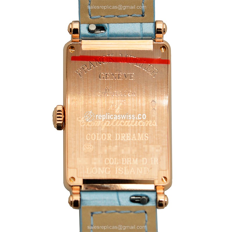 Franck Muller LONG ISLAND Replica - Quartz - 18kt Rose Gold - Diamond Case - Silver Dial - Blue Alligator Strap - View 3