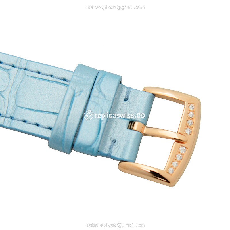 Franck Muller LONG ISLAND Replica - Quartz - 18kt Rose Gold - Diamond Case - Silver Dial - Blue Alligator Strap - View 4