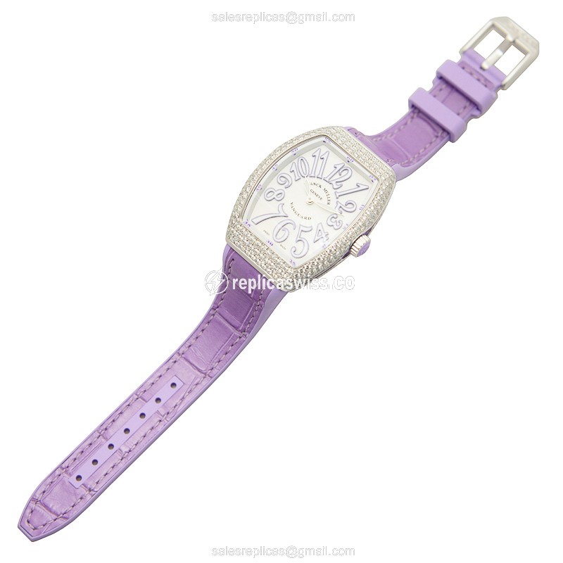 Franck Muller V35 QZ D Quartz - White Dial - Diamond Case - Leather Purple Strap - Buckle Clasp - View 2