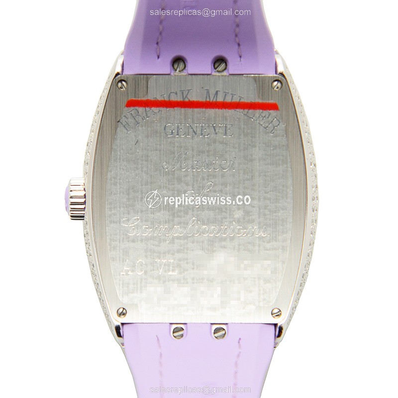 Franck Muller V35 QZ D Quartz - White Dial - Diamond Case - Leather Purple Strap - Buckle Clasp - View 3
