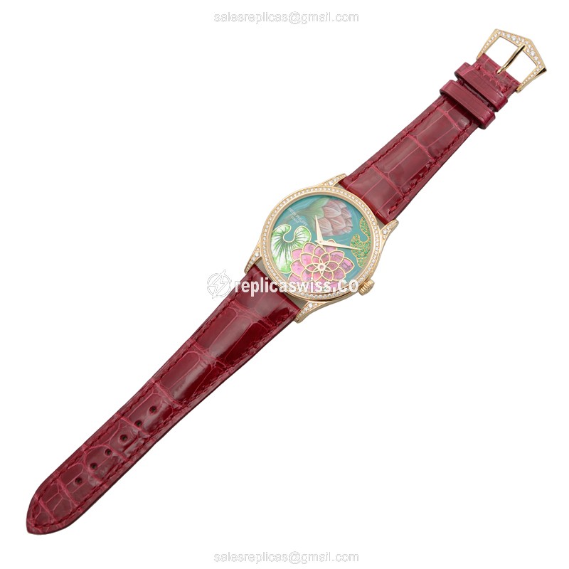 Patek Philippe 5077/100R-010 Replica - Automatic - Rose Gold - Blue Dial - Diamonds - Red Alligator Strap - View 2