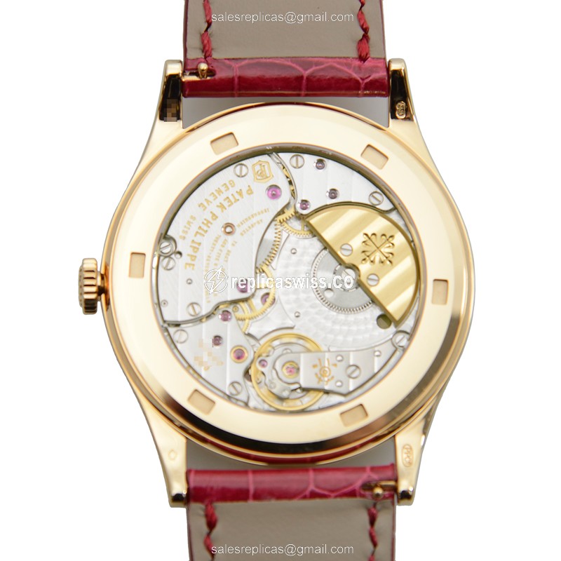 Patek Philippe 5077/100R-010 Replica - Automatic - Rose Gold - Blue Dial - Diamonds - Red Alligator Strap - View 3