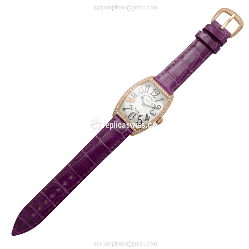 Franck Muller 2852 QZ MOP D 1R CD8 Quartz 18kt Rose Gold Diamonds White Dial Buckle Purple Alligator Strap - View 2
