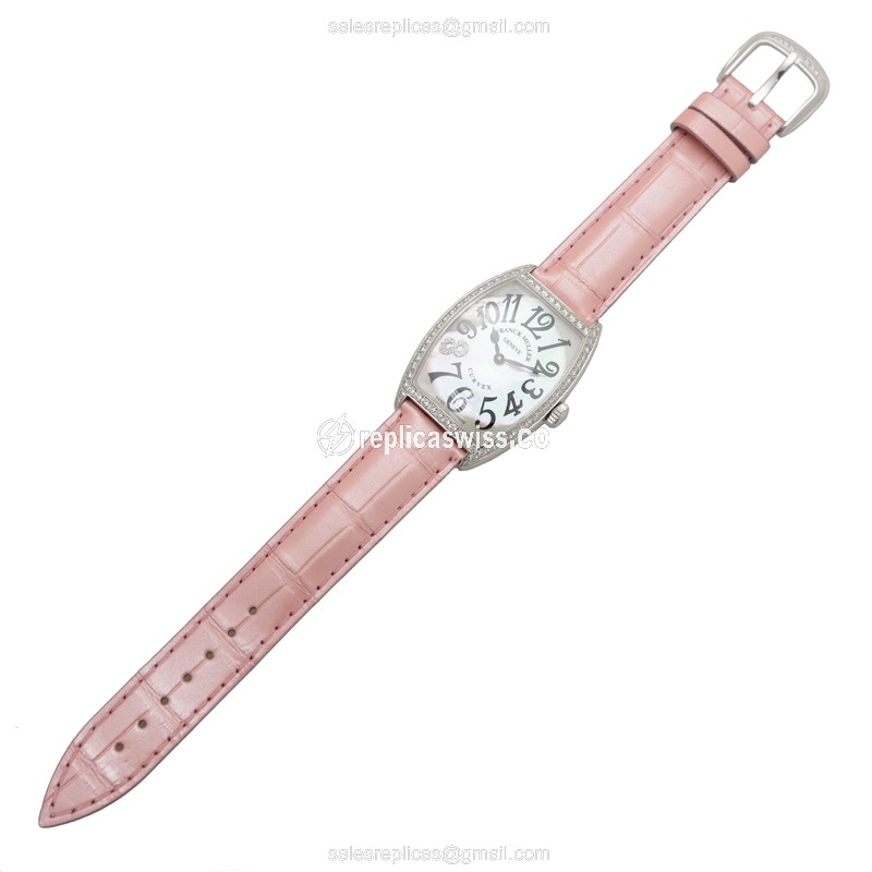 Franck Muller 2852 QZ MOP D 1R CD8 Curvex - Quartz - White Dial - Diamond Case - Pink Alligator Strap - View 2
