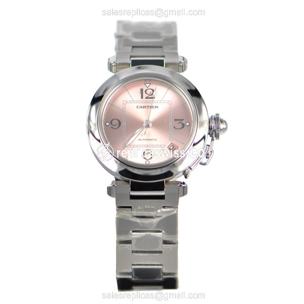 Cartier Pasha Replica - Automatic - Pink Dial - Steel Case - Silver Band - View 2