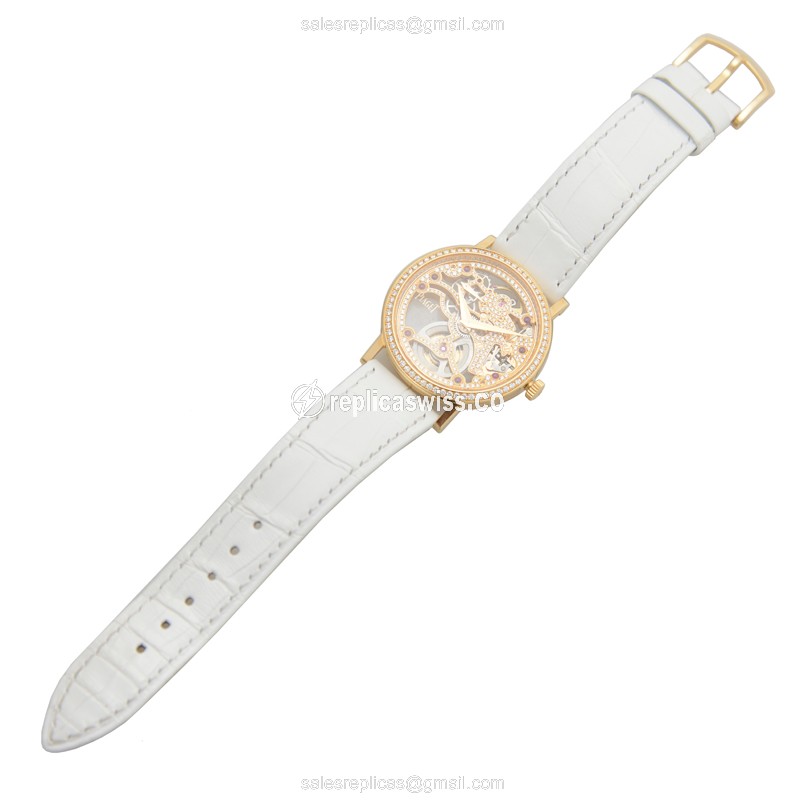 Piaget ALTIPLANO Replica - Manual Wind - 18kt Rose Gold - Diamond Skull Dial - White Alligator Buckle - View 2