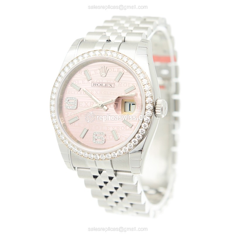 Rolex Lady Datejust Replica - Automatic 18kt White Gold - Pink Dial - Steel Case & Band - View 3