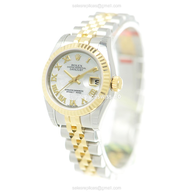 Rolex Lady Datejust Replica - Automatic - White Dial - 18kt Gold & Steel Strap - View 3