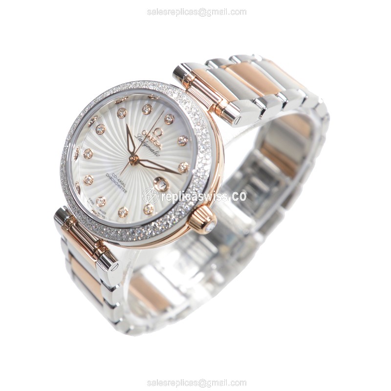 Omega DE VILLE Replica - Automatic 18kt Rose - Diamond White Dial - Silver Steel Strap - View 3