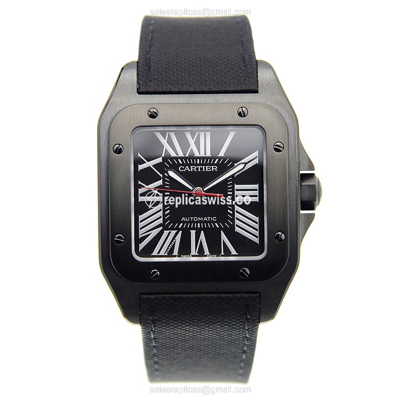 Cartier Santos Replica - Automatic - Black Dial - Steel Case - Black Cowhide Strap - View 2