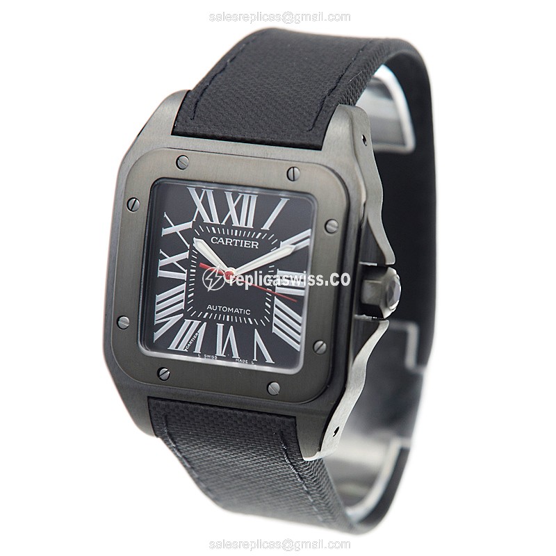 Cartier Santos Replica - Automatic - Black Dial - Steel Case - Black Cowhide Strap - View 3