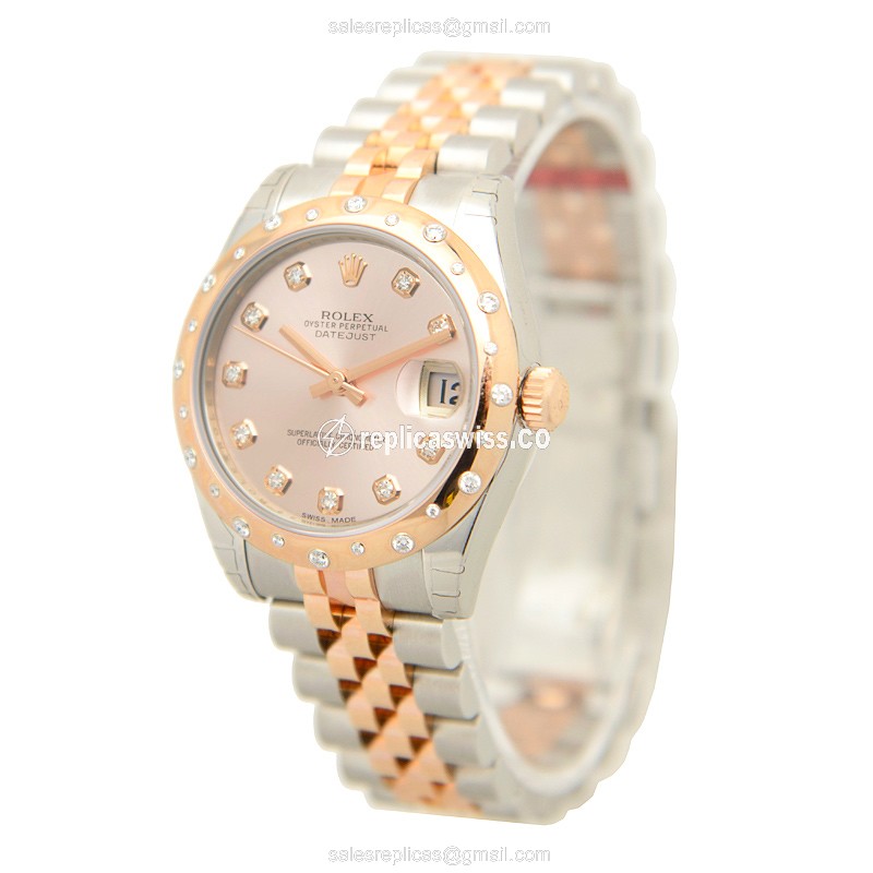 Rolex Lady Datejust Replica - Auto - 18kt Rose Gold & Steel - Pink Dial, Gold Strap - View 3