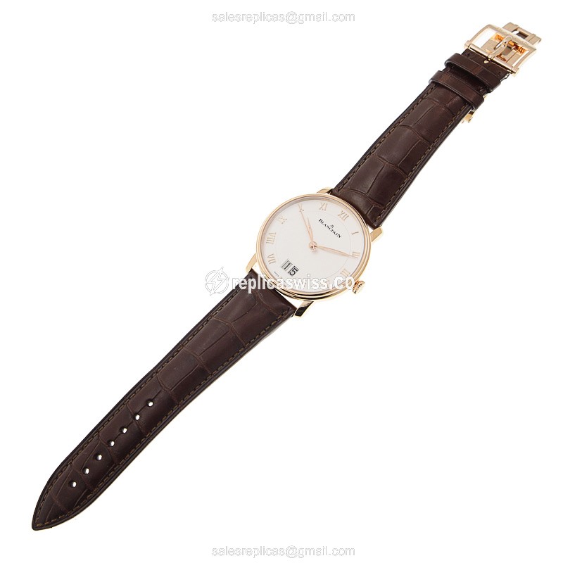 Blancpain Villeret Replica - Automatic - 18kt Rose Gold - White Dial - Brown Alligator Strap - View 2