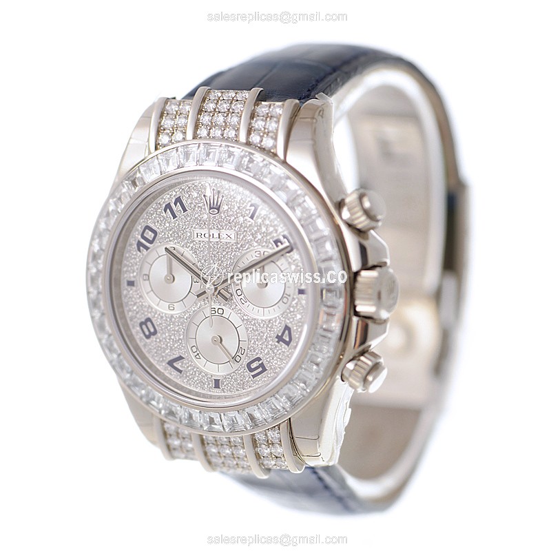 Rolex Daytona Replica - 18kt White Gold - Diamond Bezel - Silver Dial - Blue Alligator Strap - View 3