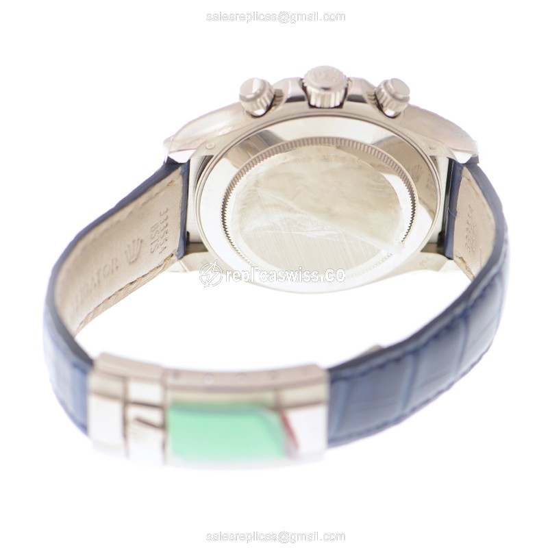 Rolex Daytona Replica - 18kt White Gold - Diamond Bezel - Silver Dial - Blue Alligator Strap - View 4