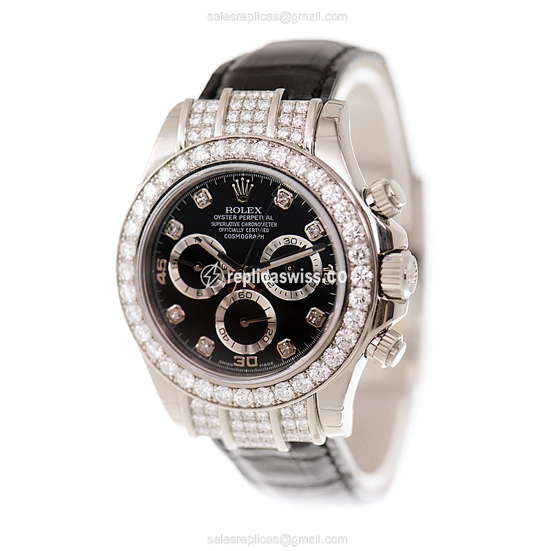 Rolex Daytona Replica - Automatic - 18kt White Gold - Diamond Bezel - Black Dial - View 3