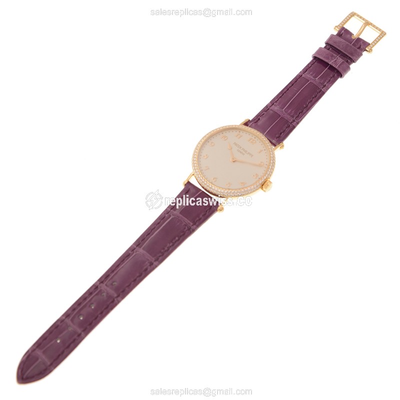 Patek Philippe Calatrava 7200-200R-001 Replica - Automatic 18kt Rose Gold & Diamond Dial - White - Alligator Purple Strap - View 2
