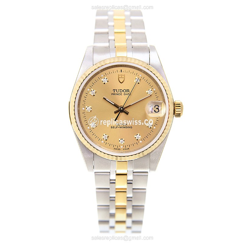 Tudor Glamour Date Replica - Automatic - Gold & Steel Case - Gold Dial & Strap - View 2