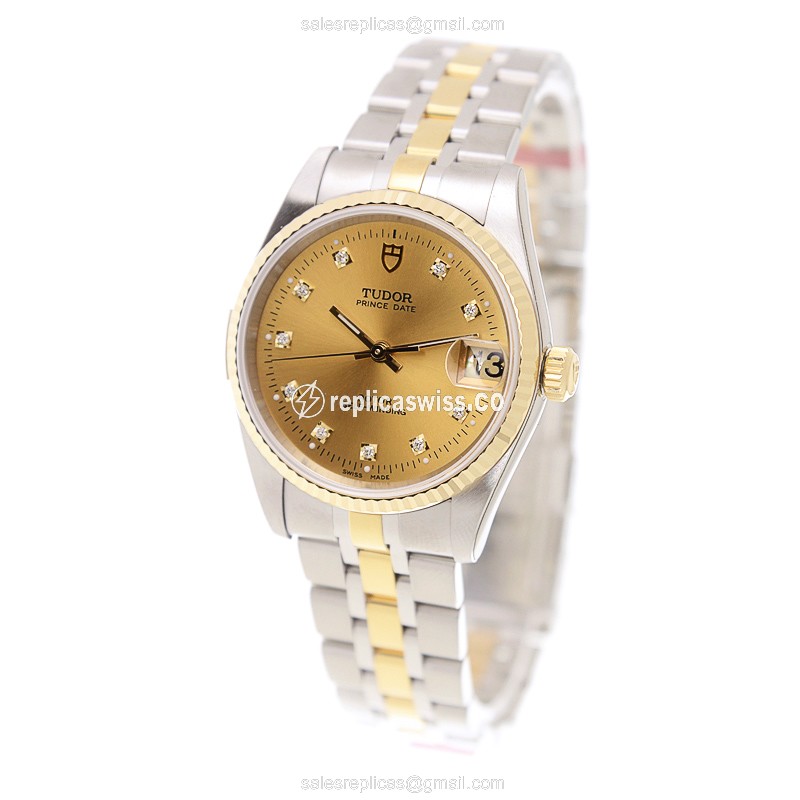 Tudor Glamour Date Replica - Automatic - Gold & Steel Case - Gold Dial & Strap - View 3