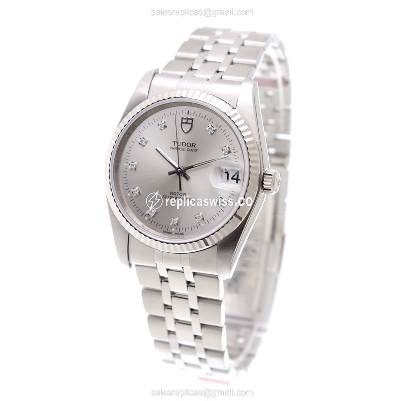 Tudor Prince Date Replica - Automatic - 18kt White Gold & Steel - Silver Dial - Steel Strap - View 3