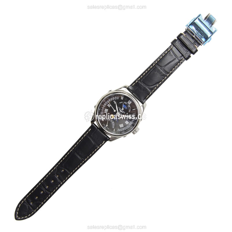 Longines L2.738.4.51.7 Replica - Automatic - Steel Case - Black Dial, Alligator Strap - View 2