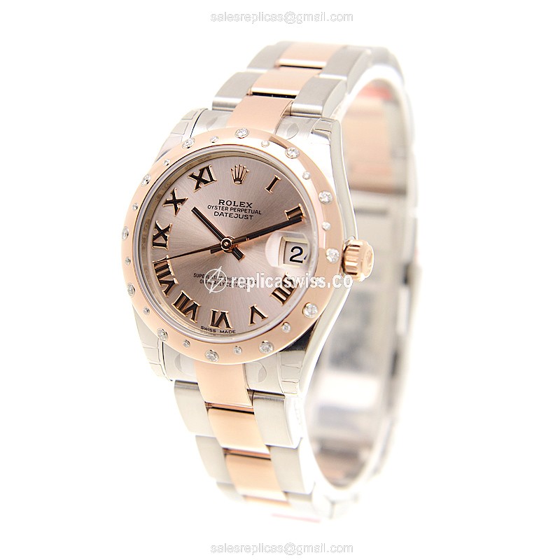 Rolex Lady Datejust Replica - Automatic - 18kt Rose Gold - Pink Dial - Gold Clasp - View 3